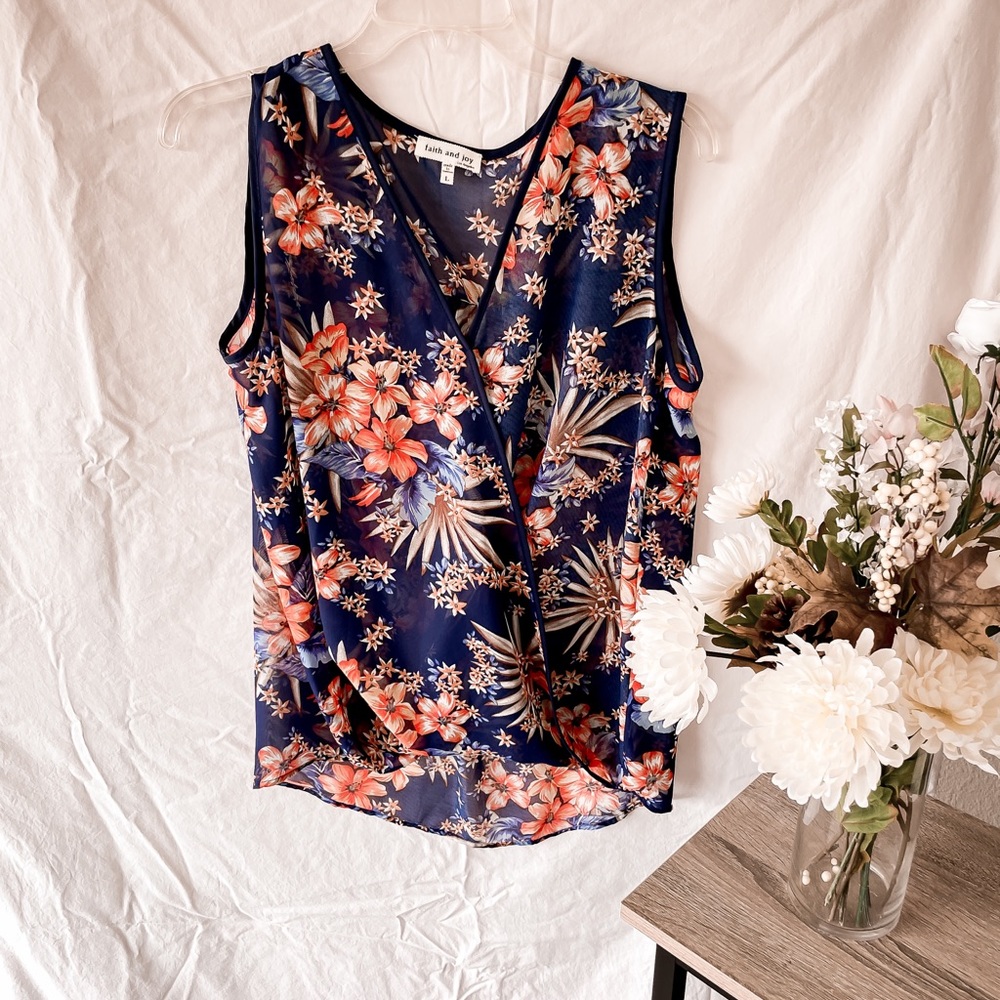 Faith and Joy Navy Floral Sleeveless Top, Size L